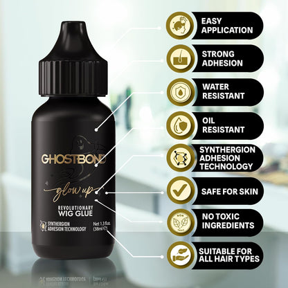 GHOSTBOND Glowup Revolutionary Wig Glue 1.3oz - Hair Replacement Adhesive That Stays for A Week: Water & Oil-Resistant, Strong Hold for Secure & Natural-Looking Wigs, Toupees, Poly & Lace Systems