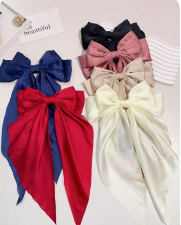 Large Hair Bow with Long Ribbon Tail for Women and Girls - Satin Hair Barrettes